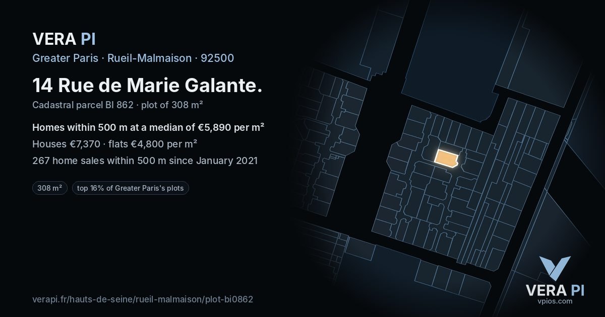 14 Rue de Marie Galante, Rueil-Malmaison at night – the plot lit, the parcels around coloured by the prices near them