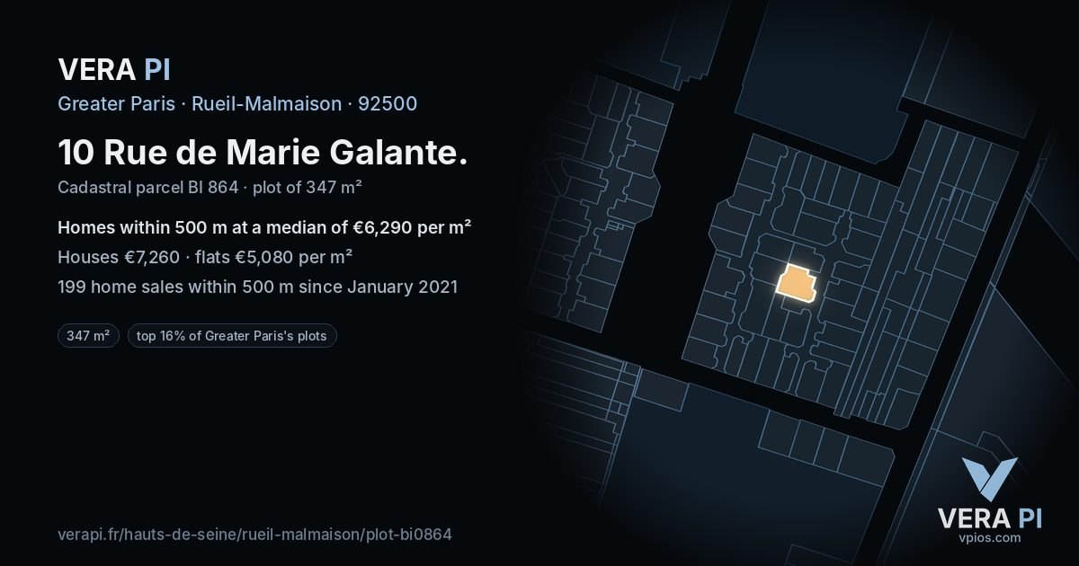 10 Rue de Marie Galante, Rueil-Malmaison at night – the plot lit, the parcels around coloured by the prices near them
