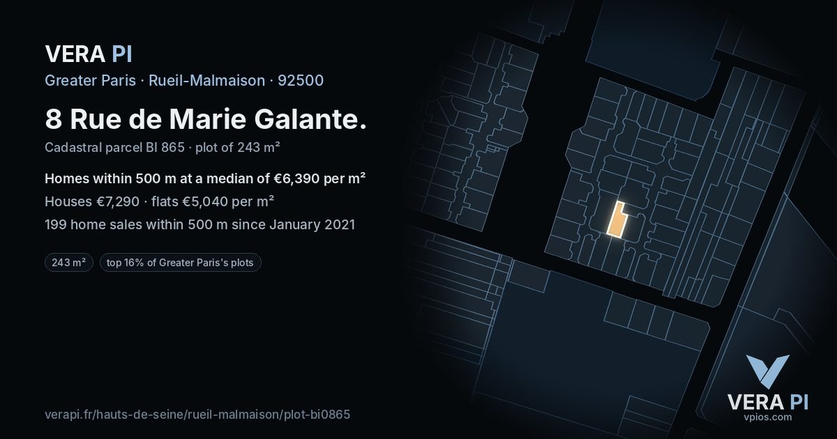 8 Rue de Marie Galante, Rueil-Malmaison at night – the plot lit, the parcels around coloured by the prices near them