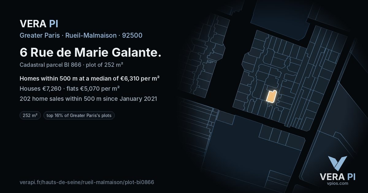 6 Rue de Marie Galante, Rueil-Malmaison at night – the plot lit, the parcels around coloured by the prices near them