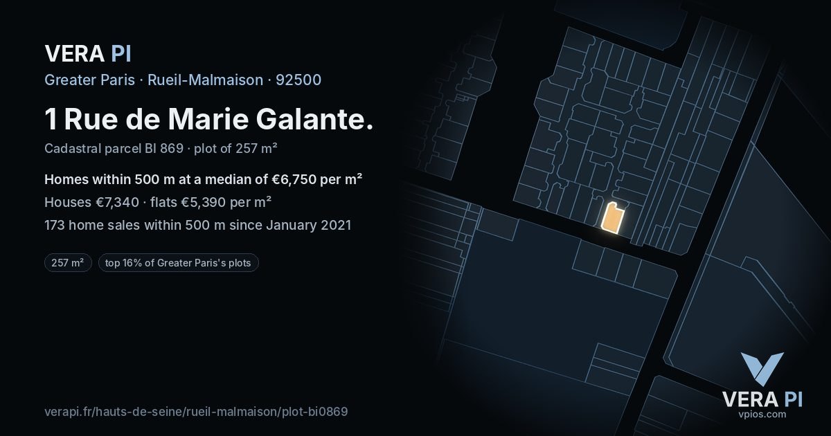 1 Rue de Marie Galante, Rueil-Malmaison at night – the plot lit, the parcels around coloured by the prices near them