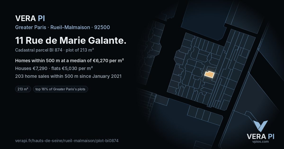 11 Rue de Marie Galante, Rueil-Malmaison at night – the plot lit, the parcels around coloured by the prices near them