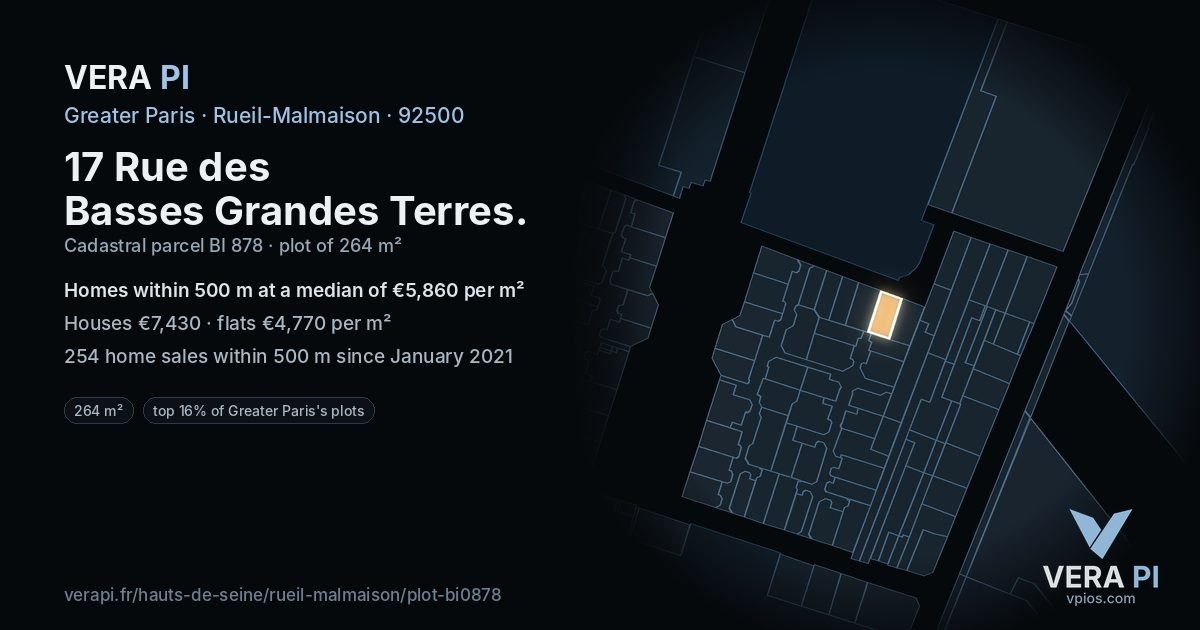 17 Rue des Basses Grandes Terres, Rueil-Malmaison at night – the plot lit, the parcels around coloured by the prices near them