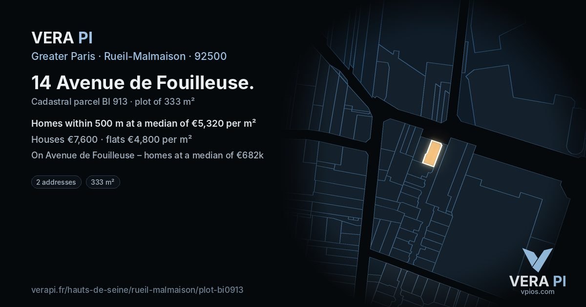 14 Avenue de Fouilleuse, Rueil-Malmaison at night – the plot lit, the parcels around coloured by the prices near them