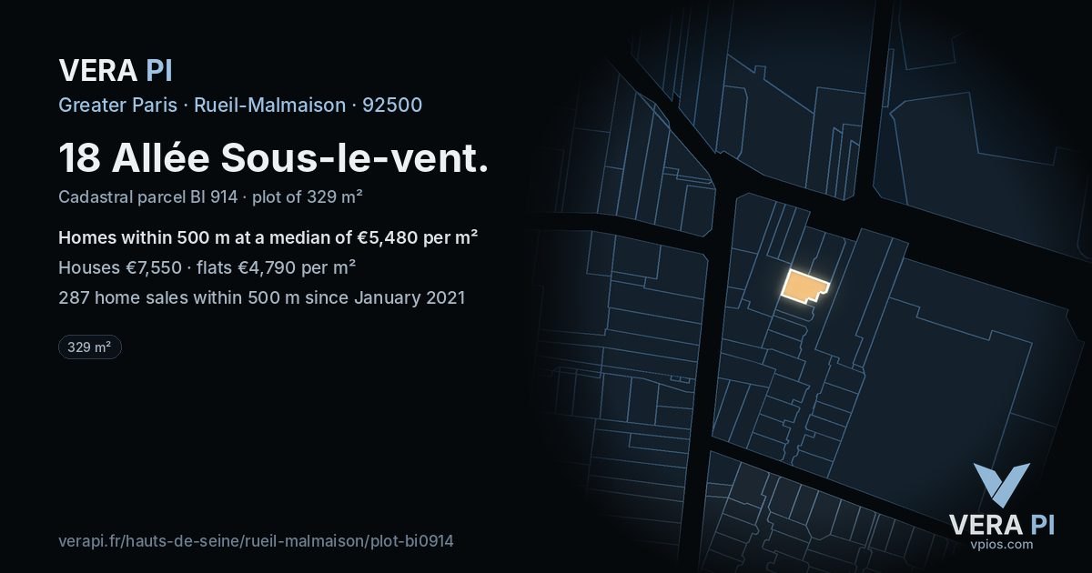 18 Allée Sous-le-vent, Rueil-Malmaison at night – the plot lit, the parcels around coloured by the prices near them