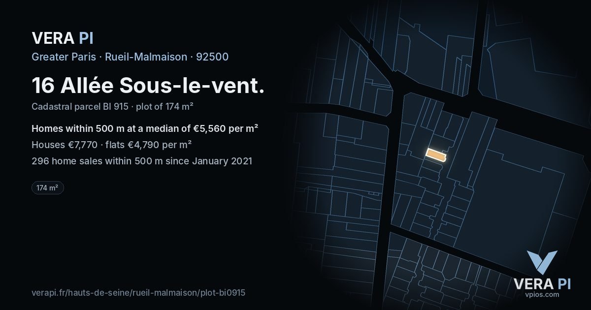 16 Allée Sous-le-vent, Rueil-Malmaison at night – the plot lit, the parcels around coloured by the prices near them