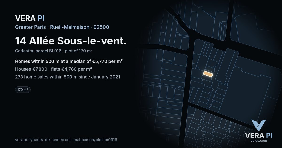 14 Allée Sous-le-vent, Rueil-Malmaison at night – the plot lit, the parcels around coloured by the prices near them