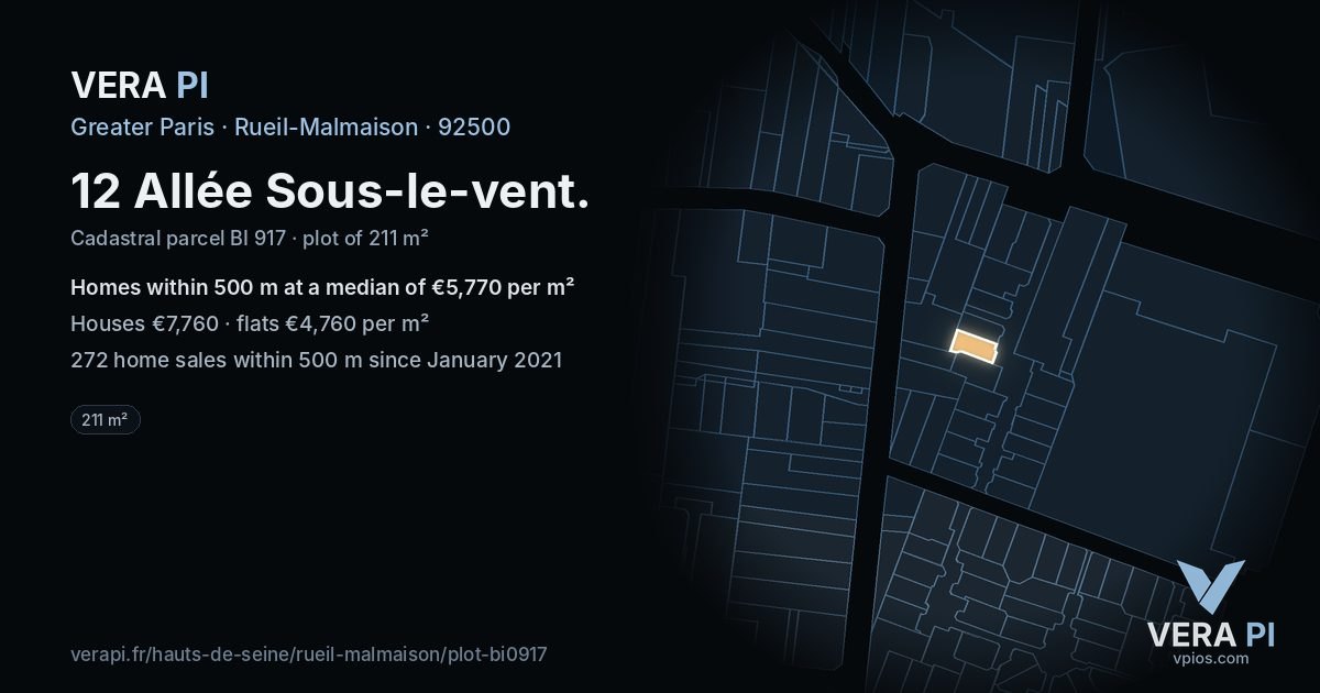 12 Allée Sous-le-vent, Rueil-Malmaison at night – the plot lit, the parcels around coloured by the prices near them