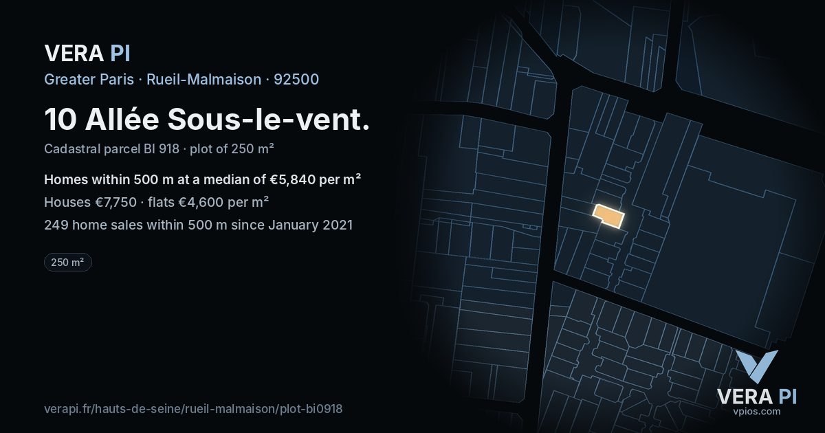 10 Allée Sous-le-vent, Rueil-Malmaison at night – the plot lit, the parcels around coloured by the prices near them