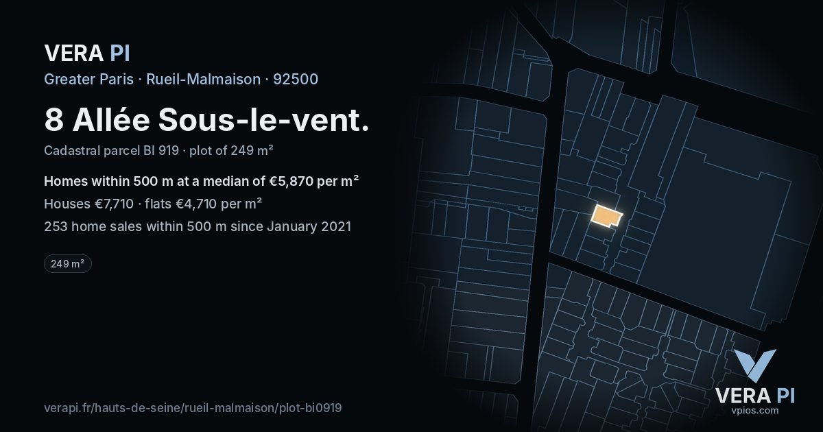 8 Allée Sous-le-vent, Rueil-Malmaison at night – the plot lit, the parcels around coloured by the prices near them