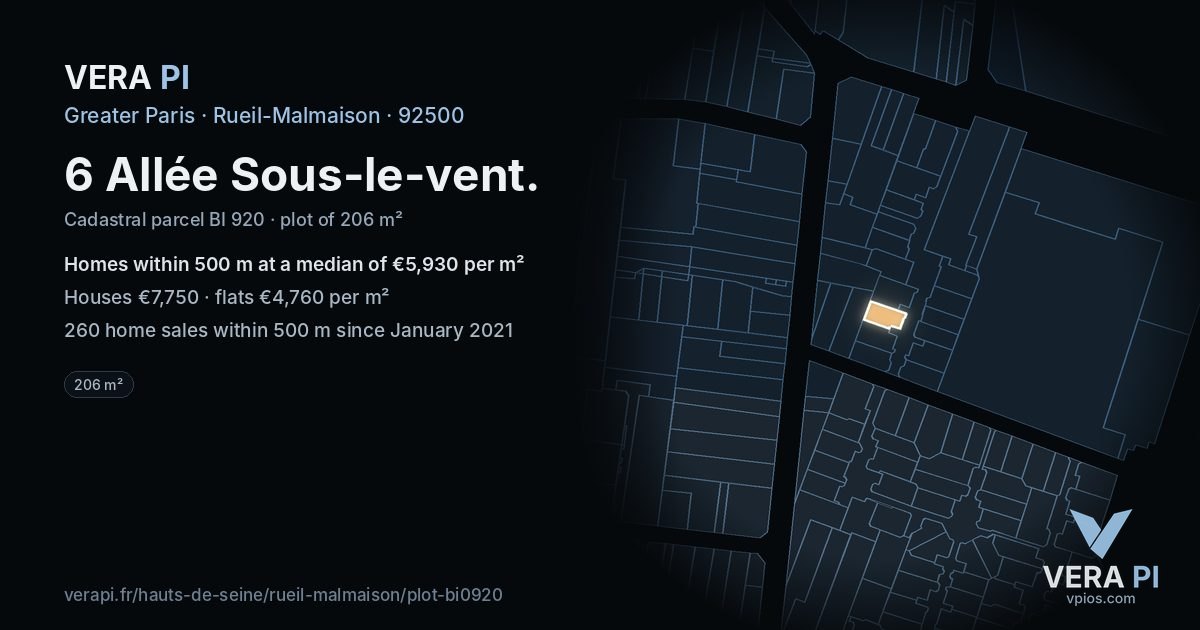6 Allée Sous-le-vent, Rueil-Malmaison at night – the plot lit, the parcels around coloured by the prices near them