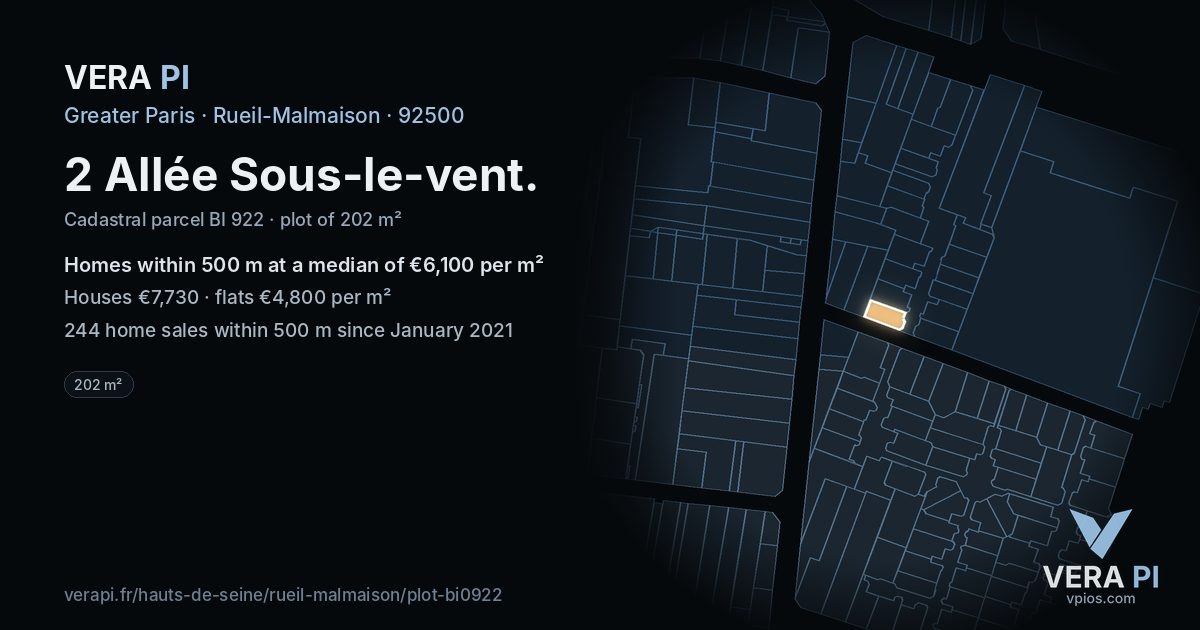 2 Allée Sous-le-vent, Rueil-Malmaison at night – the plot lit, the parcels around coloured by the prices near them