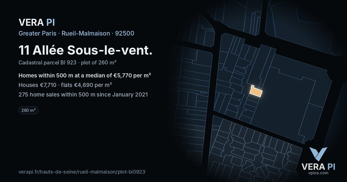 11 Allée Sous-le-vent, Rueil-Malmaison at night – the plot lit, the parcels around coloured by the prices near them