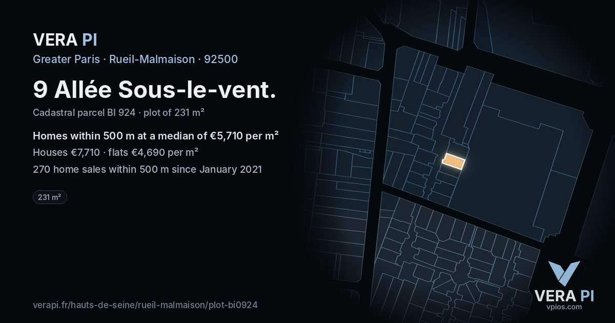 9 Allée Sous-le-vent, Rueil-Malmaison at night – the plot lit, the parcels around coloured by the prices near them
