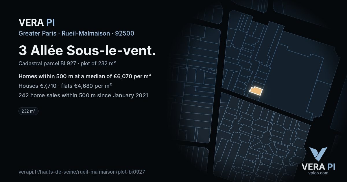 3 Allée Sous-le-vent, Rueil-Malmaison at night – the plot lit, the parcels around coloured by the prices near them