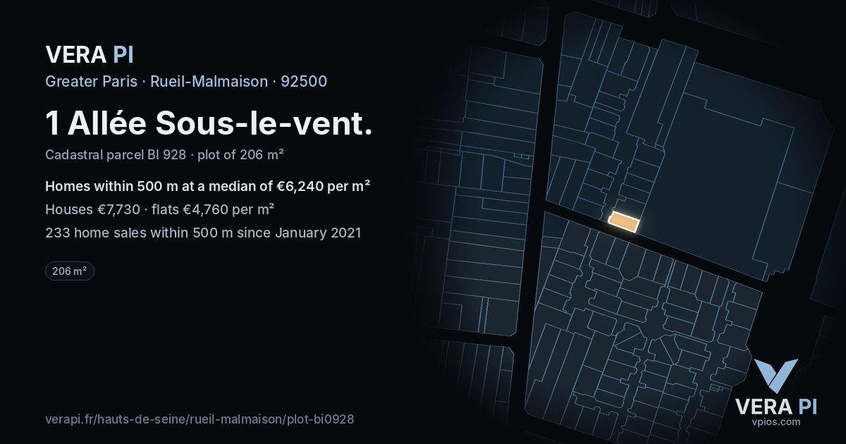 1 Allée Sous-le-vent, Rueil-Malmaison at night – the plot lit, the parcels around coloured by the prices near them