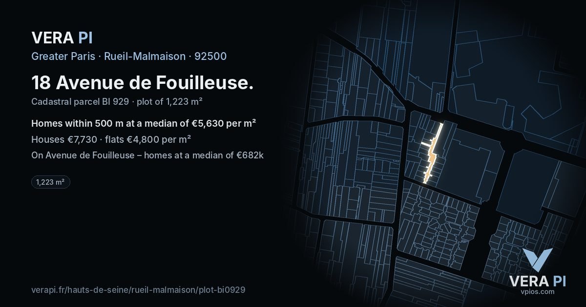 18 Avenue de Fouilleuse, Rueil-Malmaison at night – the plot lit, the parcels around coloured by the prices near them