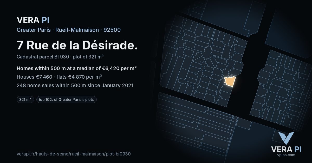 7 Rue de la Désirade, Rueil-Malmaison at night – the plot lit, the parcels around coloured by the prices near them