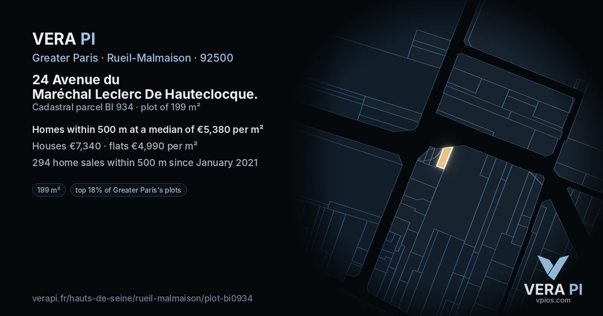 24 Avenue du Maréchal Leclerc De Hauteclocque, Rueil-Malmaison at night – the plot lit, the parcels around coloured by the prices near them