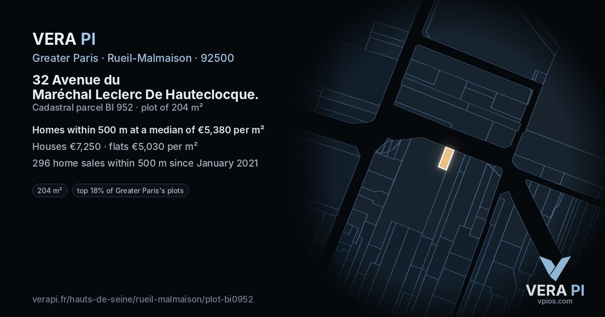 32 Avenue du Maréchal Leclerc De Hauteclocque, Rueil-Malmaison at night – the plot lit, the parcels around coloured by the prices near them