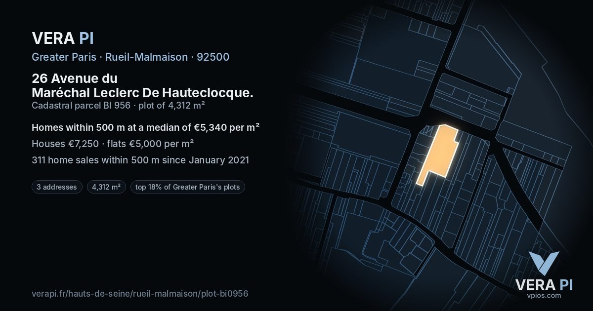 26 Avenue du Maréchal Leclerc De Hauteclocque, Rueil-Malmaison at night – the plot lit, the parcels around coloured by the prices near them