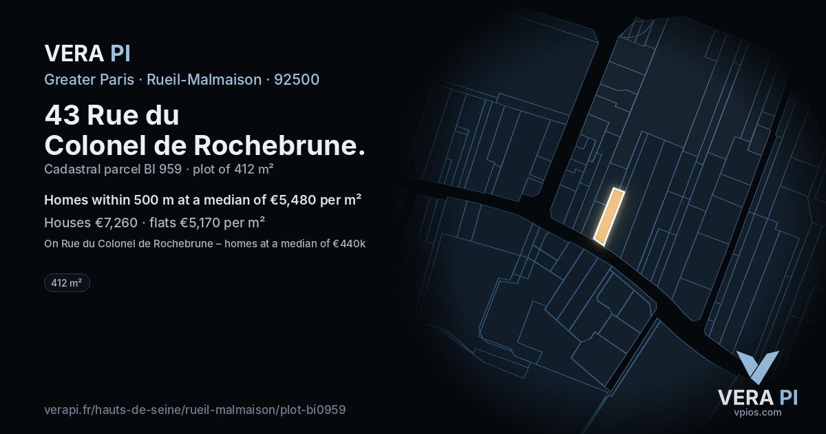 43 Rue du Colonel de Rochebrune, Rueil-Malmaison at night – the plot lit, the parcels around coloured by the prices near them