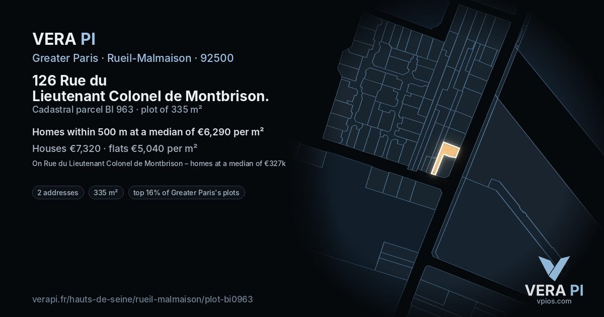126 Rue du Lieutenant Colonel de Montbrison, Rueil-Malmaison at night – the plot lit, the parcels around coloured by the prices near them