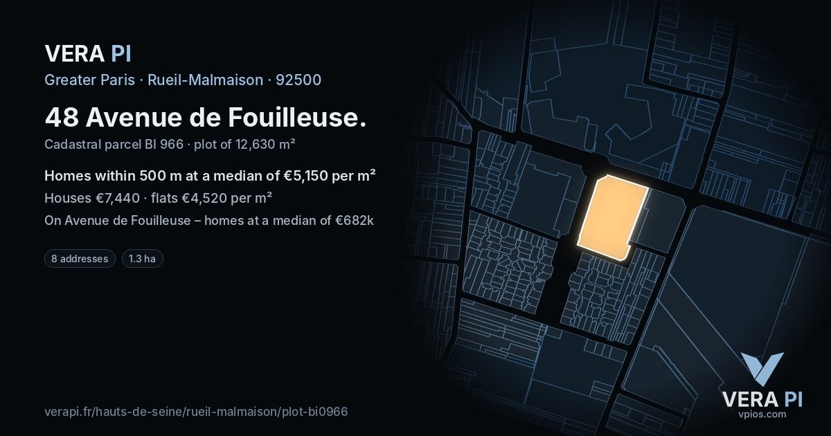 48 Avenue de Fouilleuse, Rueil-Malmaison at night – the plot lit, the parcels around coloured by the prices near them