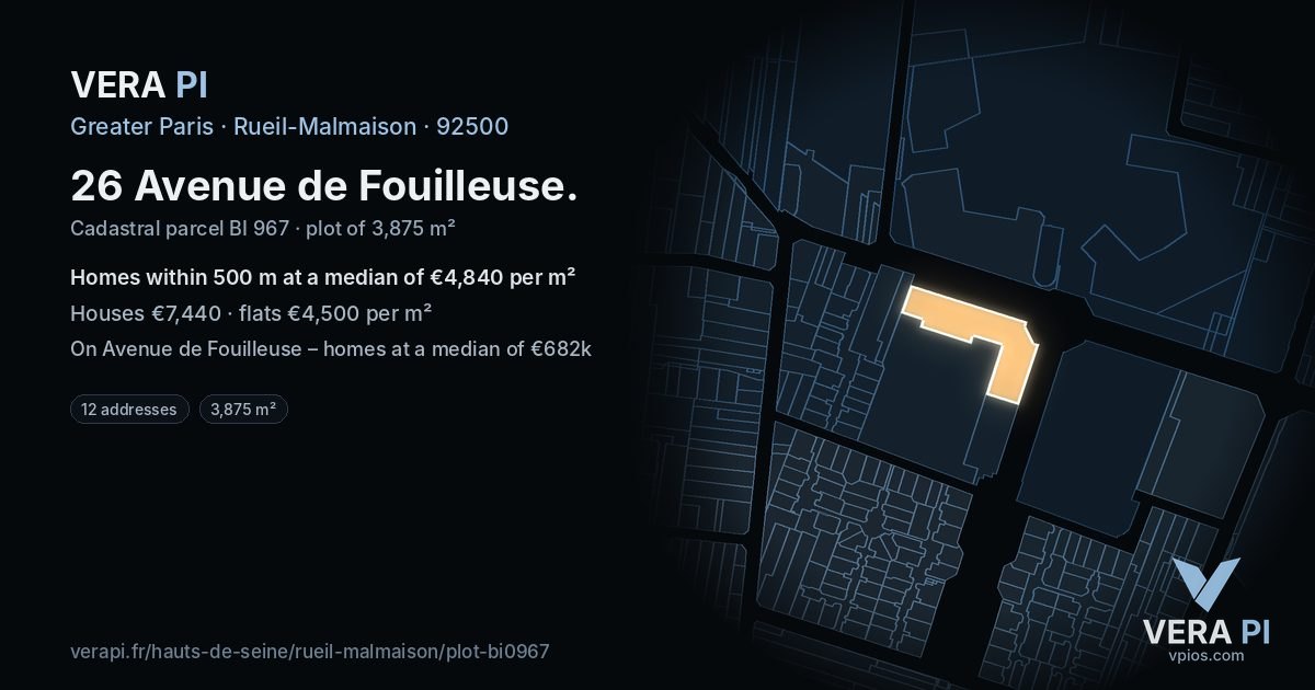 26 Avenue de Fouilleuse, Rueil-Malmaison at night – the plot lit, the parcels around coloured by the prices near them