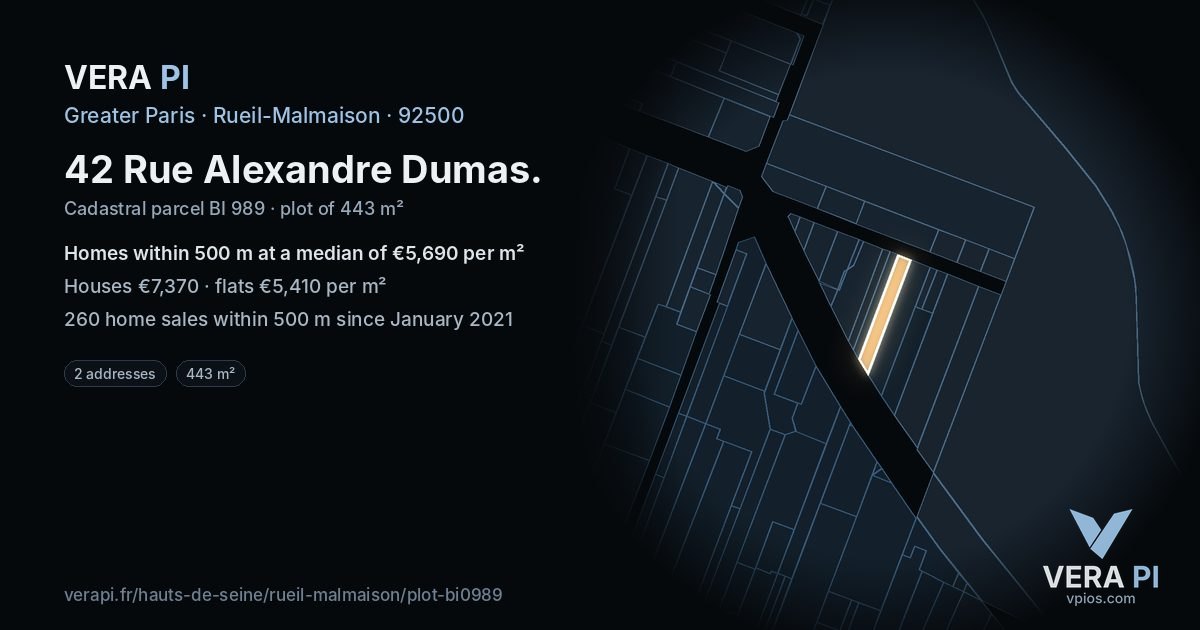 42 Rue Alexandre Dumas, Rueil-Malmaison at night – the plot lit, the parcels around coloured by the prices near them