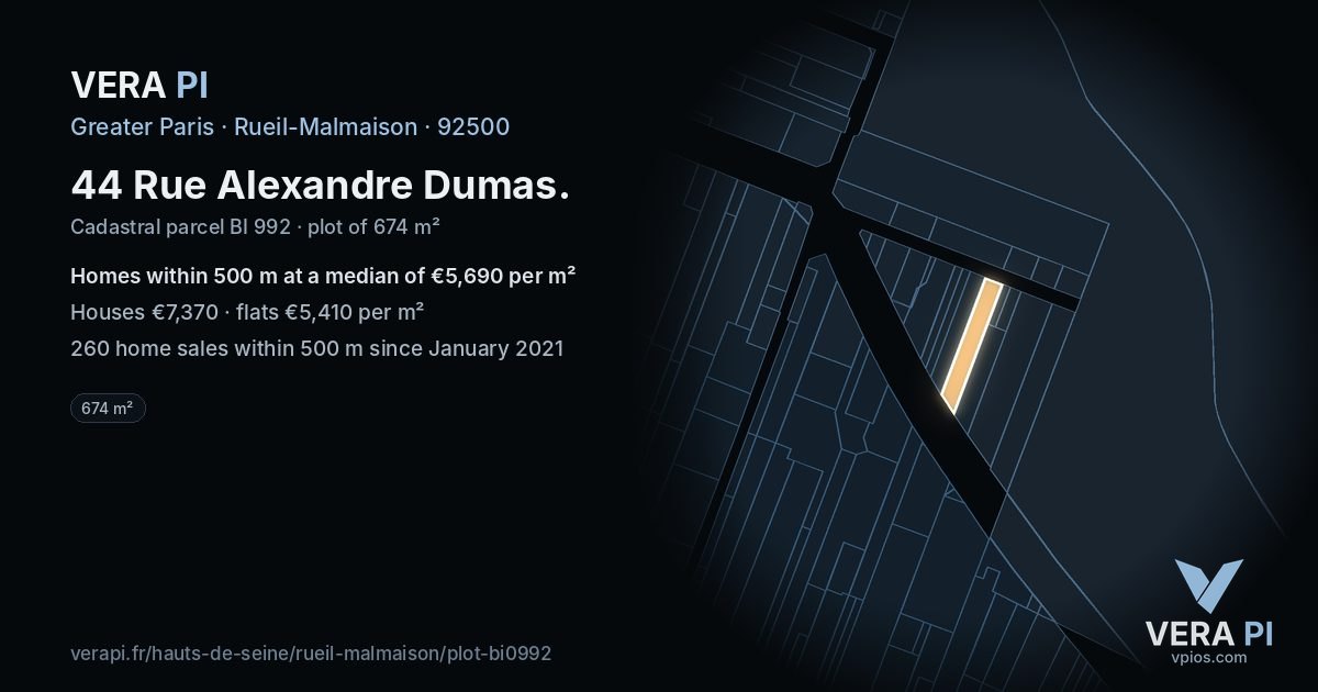 44 Rue Alexandre Dumas, Rueil-Malmaison at night – the plot lit, the parcels around coloured by the prices near them