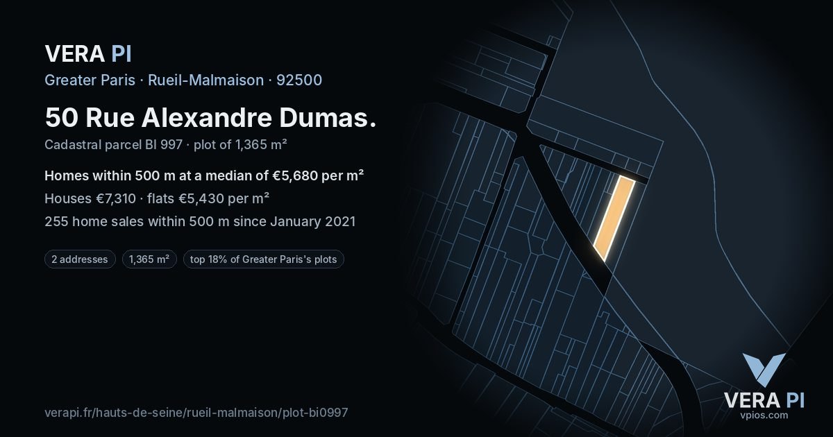50 Rue Alexandre Dumas, Rueil-Malmaison at night – the plot lit, the parcels around coloured by the prices near them