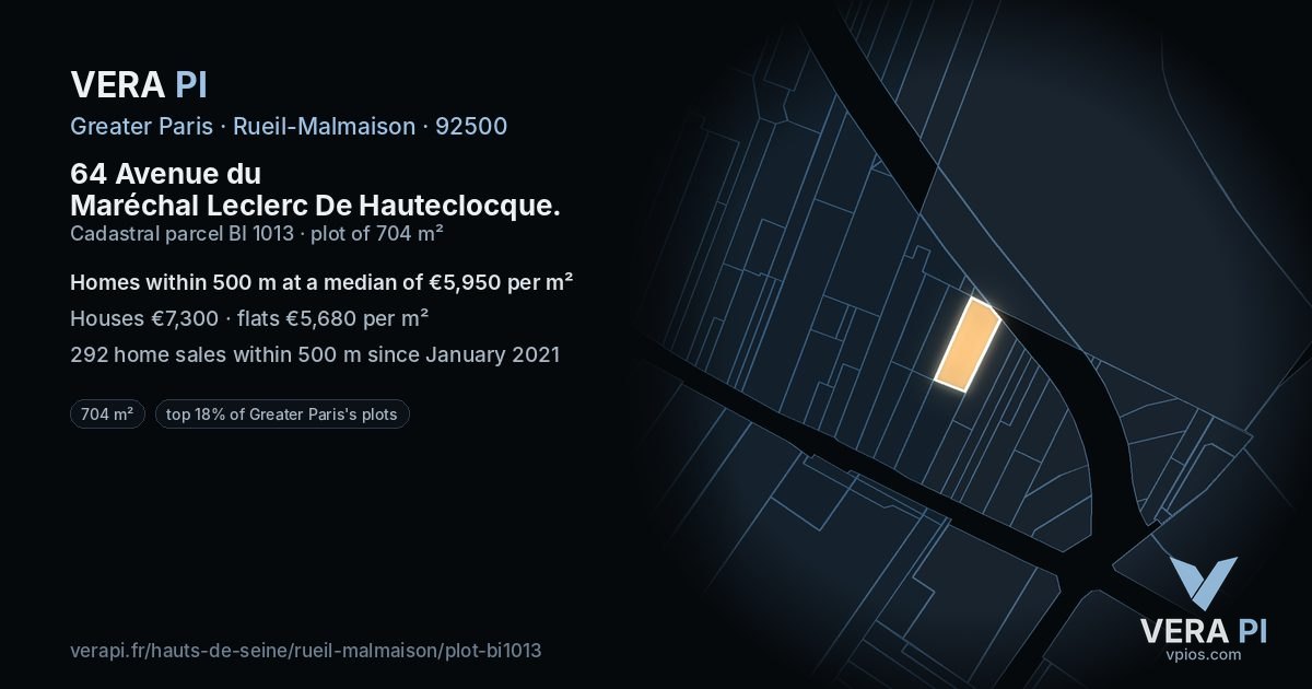 64 Avenue du Maréchal Leclerc De Hauteclocque, Rueil-Malmaison at night – the plot lit, the parcels around coloured by the prices near them