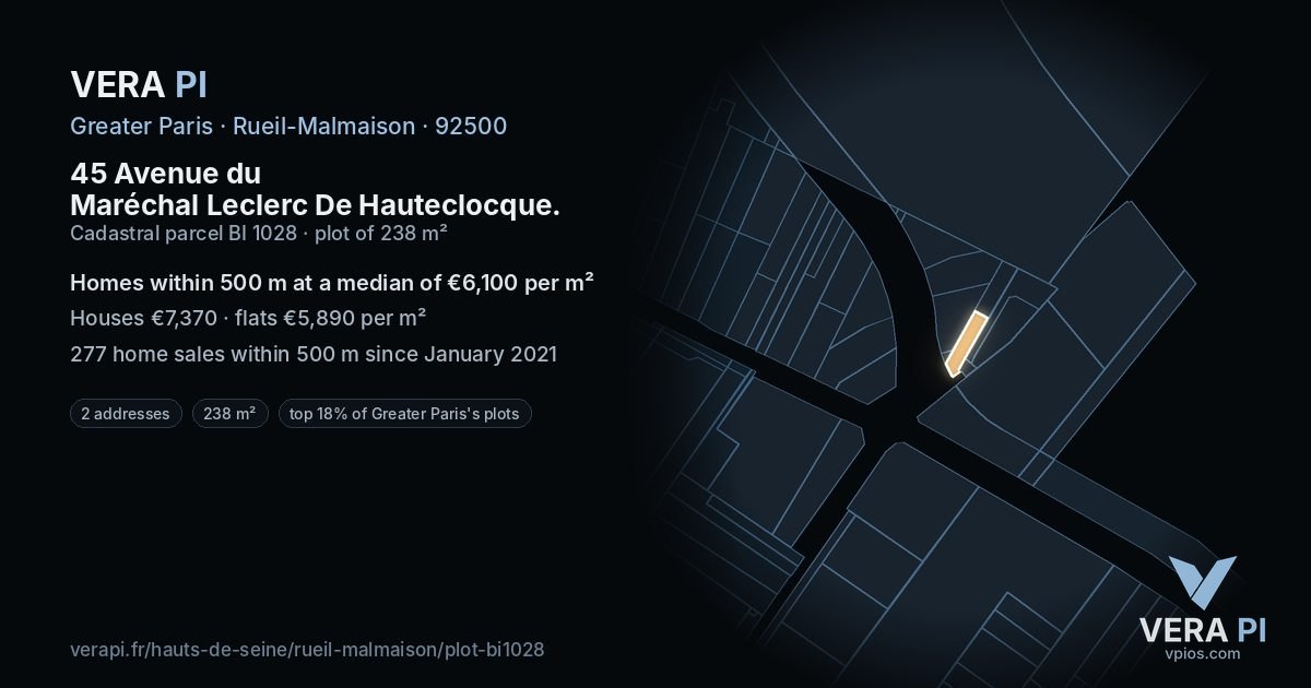 45 Avenue du Maréchal Leclerc De Hauteclocque, Rueil-Malmaison at night – the plot lit, the parcels around coloured by the prices near them