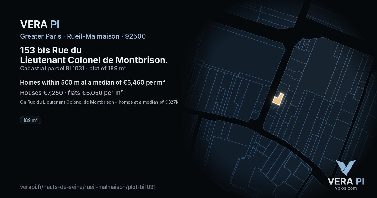 153 bis Rue du Lieutenant Colonel de Montbrison, Rueil-Malmaison at night – the plot lit, the parcels around coloured by the prices near them