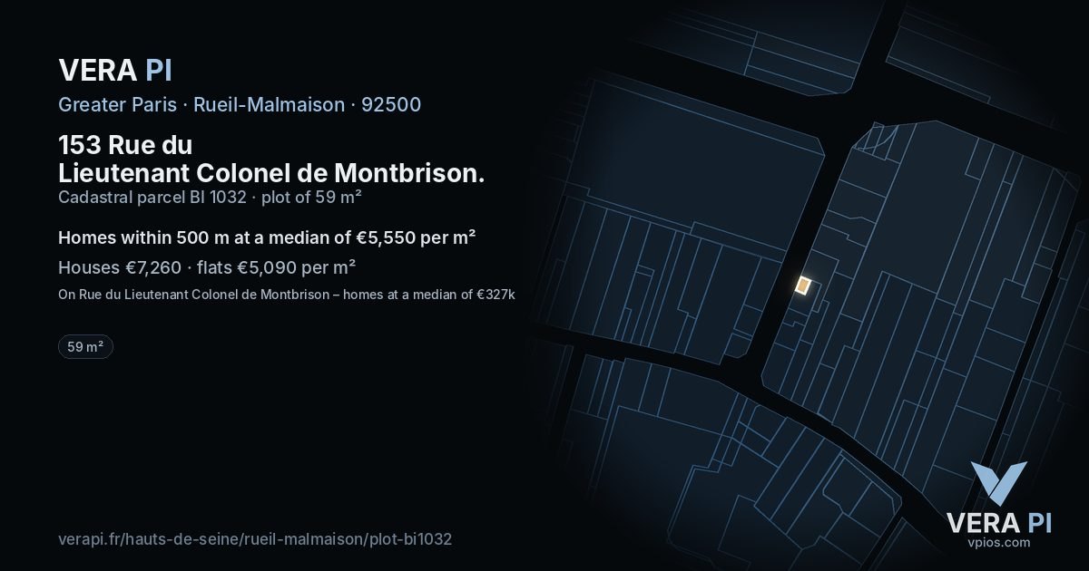153 Rue du Lieutenant Colonel de Montbrison, Rueil-Malmaison at night – the plot lit, the parcels around coloured by the prices near them