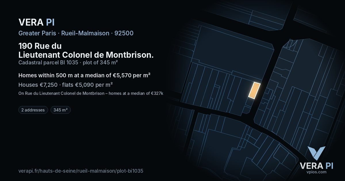 190 Rue du Lieutenant Colonel de Montbrison, Rueil-Malmaison at night – the plot lit, the parcels around coloured by the prices near them