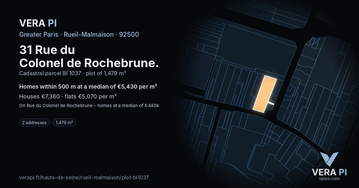 31 Rue du Colonel de Rochebrune, Rueil-Malmaison at night – the plot lit, the parcels around coloured by the prices near them