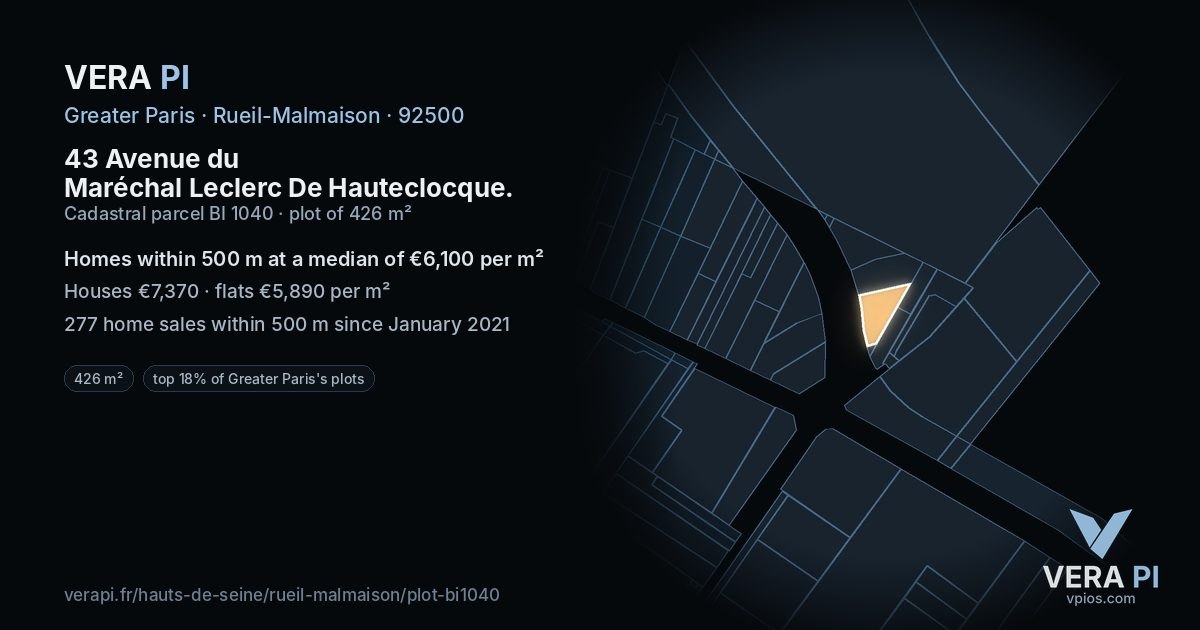43 Avenue du Maréchal Leclerc De Hauteclocque, Rueil-Malmaison at night – the plot lit, the parcels around coloured by the prices near them