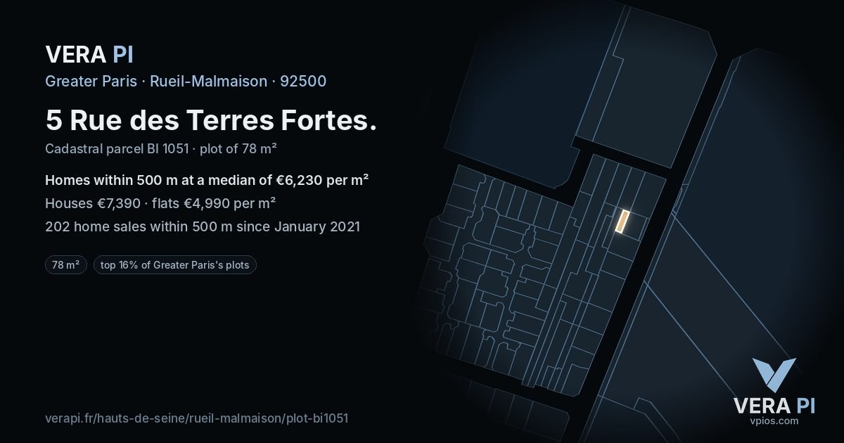 5 Rue des Terres Fortes, Rueil-Malmaison at night – the plot lit, the parcels around coloured by the prices near them