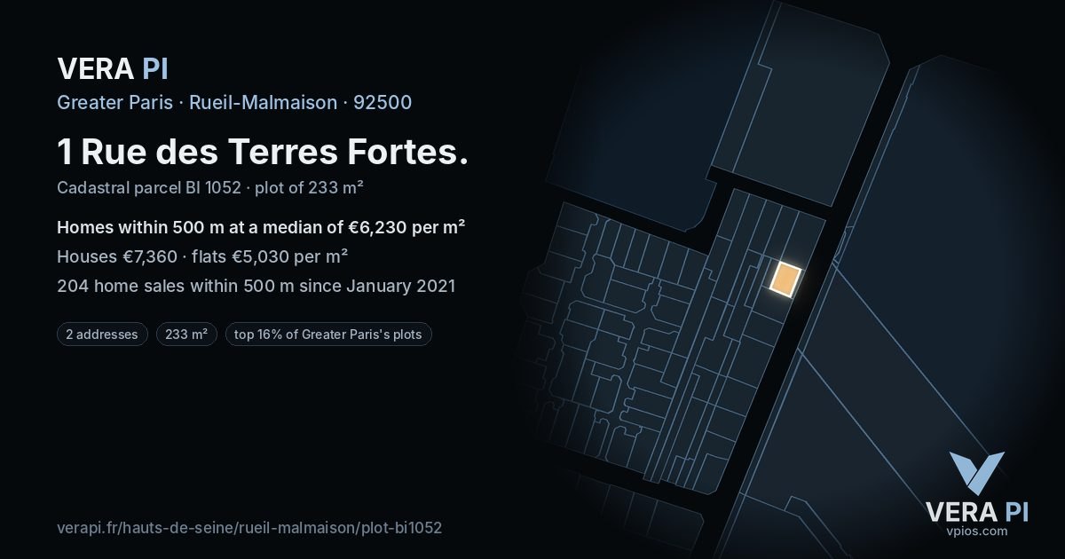 1 Rue des Terres Fortes, Rueil-Malmaison at night – the plot lit, the parcels around coloured by the prices near them