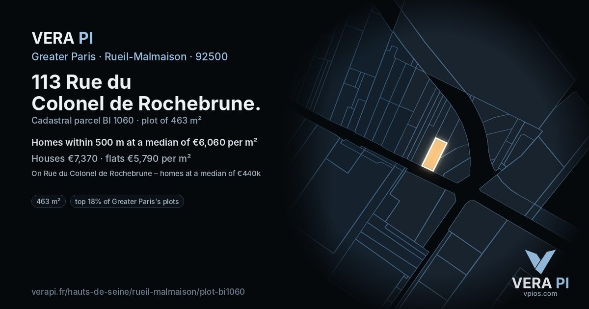 113 Rue du Colonel de Rochebrune, Rueil-Malmaison at night – the plot lit, the parcels around coloured by the prices near them