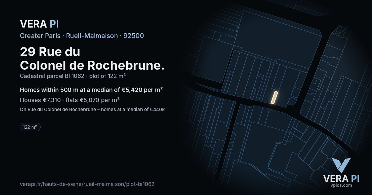 29 Rue du Colonel de Rochebrune, Rueil-Malmaison at night – the plot lit, the parcels around coloured by the prices near them