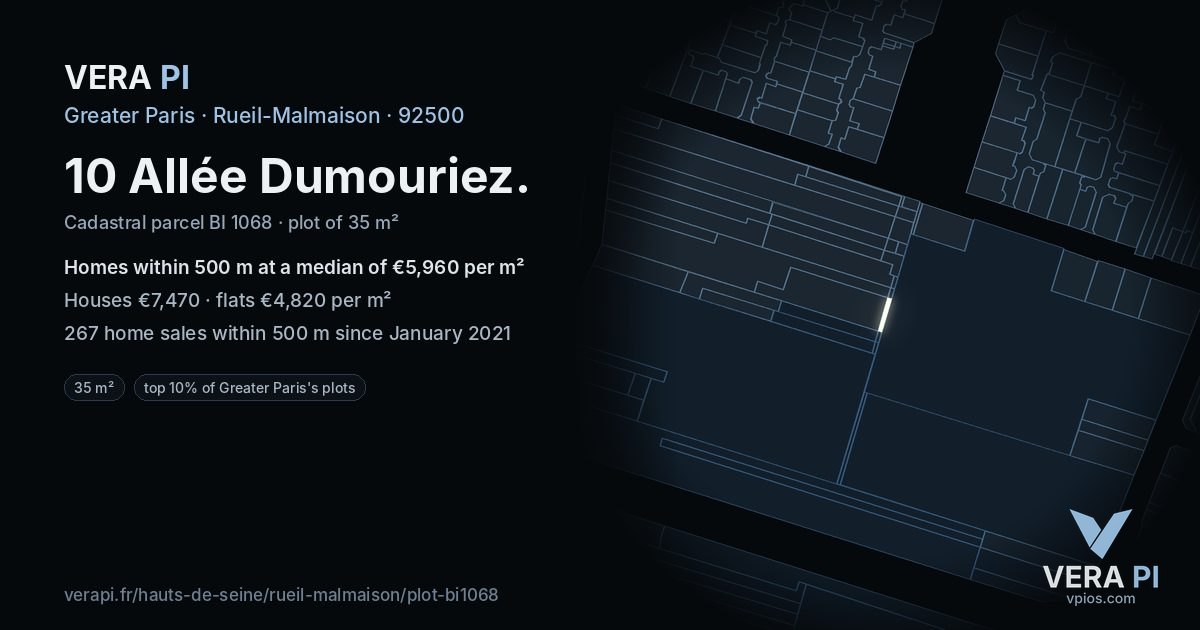 10 Allée Dumouriez, Rueil-Malmaison at night – the plot lit, the parcels around coloured by the prices near them