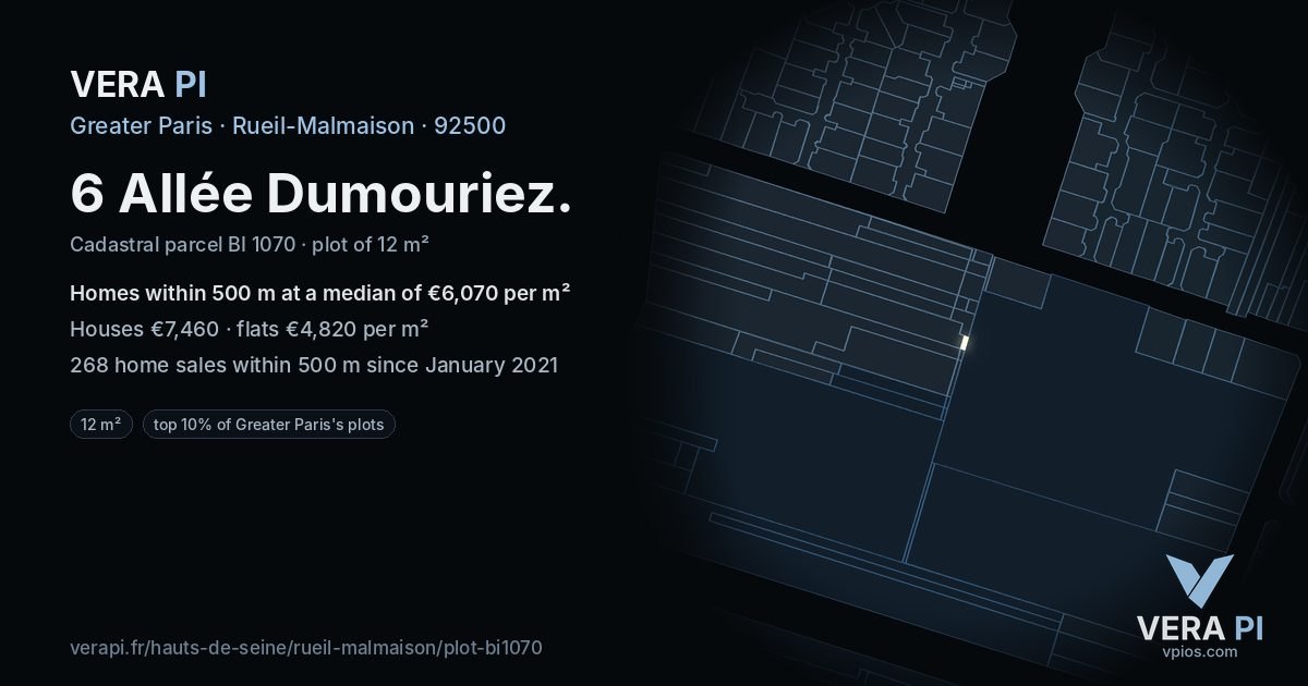 6 Allée Dumouriez, Rueil-Malmaison at night – the plot lit, the parcels around coloured by the prices near them