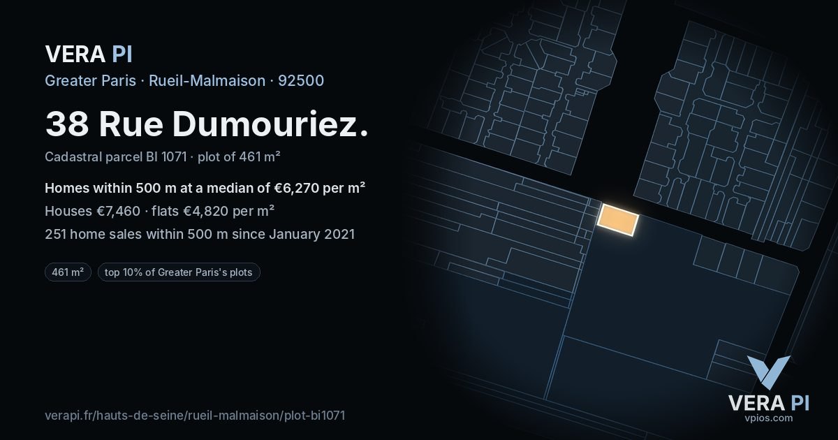 38 Rue Dumouriez, Rueil-Malmaison at night – the plot lit, the parcels around coloured by the prices near them