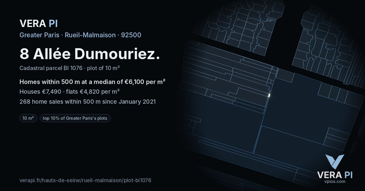 8 Allée Dumouriez, Rueil-Malmaison at night – the plot lit, the parcels around coloured by the prices near them