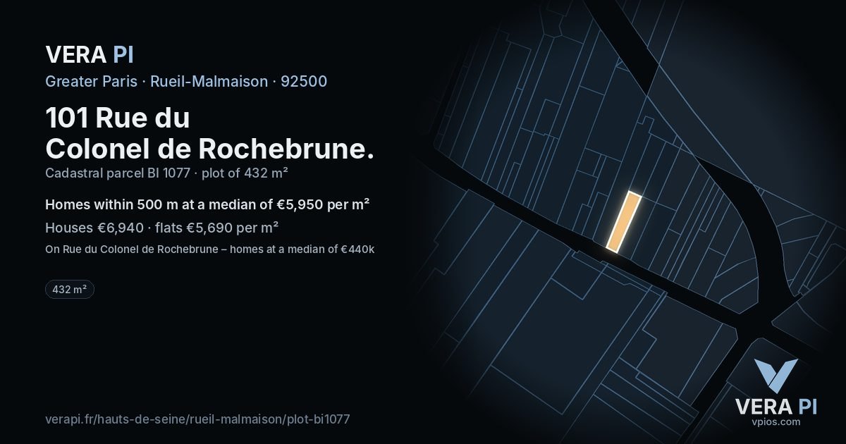 101 Rue du Colonel de Rochebrune, Rueil-Malmaison at night – the plot lit, the parcels around coloured by the prices near them