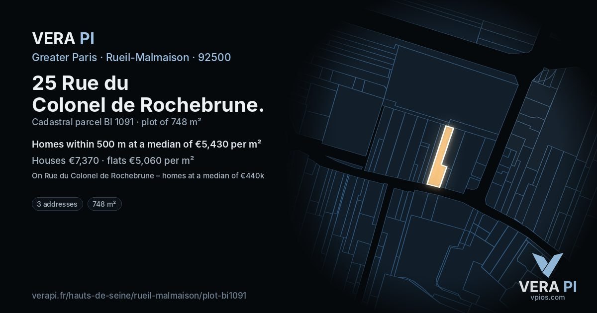 25 Rue du Colonel de Rochebrune, Rueil-Malmaison at night – the plot lit, the parcels around coloured by the prices near them