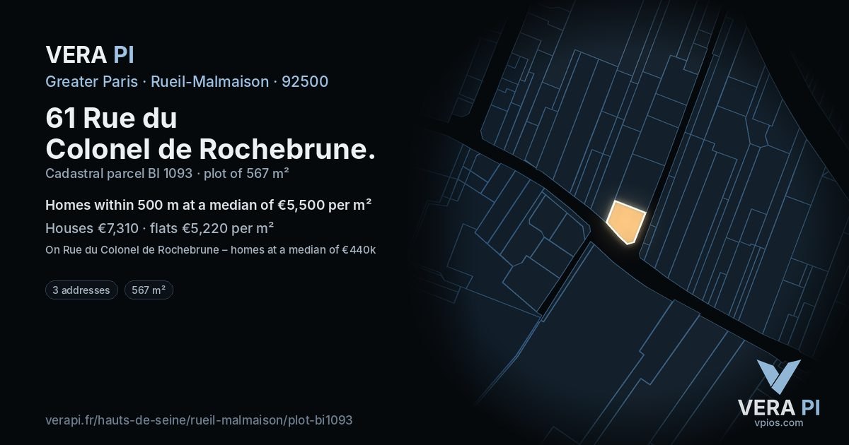 61 Rue du Colonel de Rochebrune, Rueil-Malmaison at night – the plot lit, the parcels around coloured by the prices near them